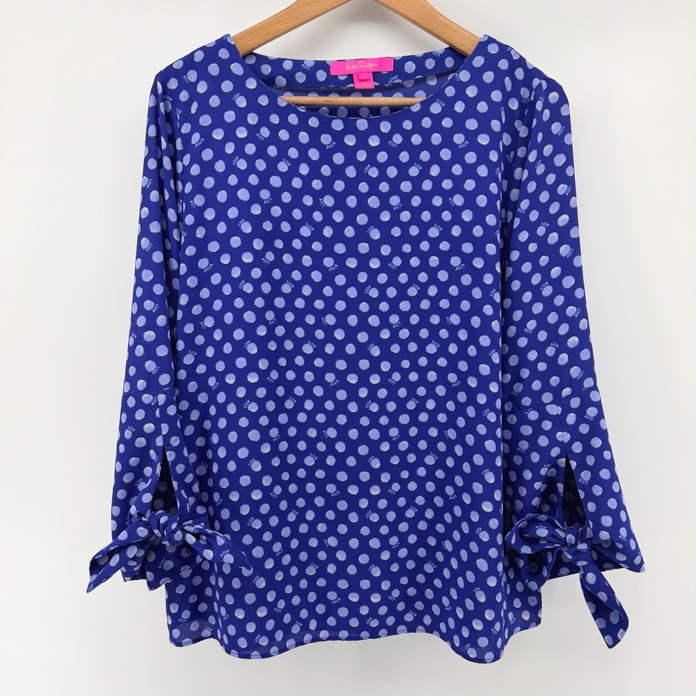 Lilly Pulitzer M Langston Top Royal Purple Polka Dot Tied Sleeves